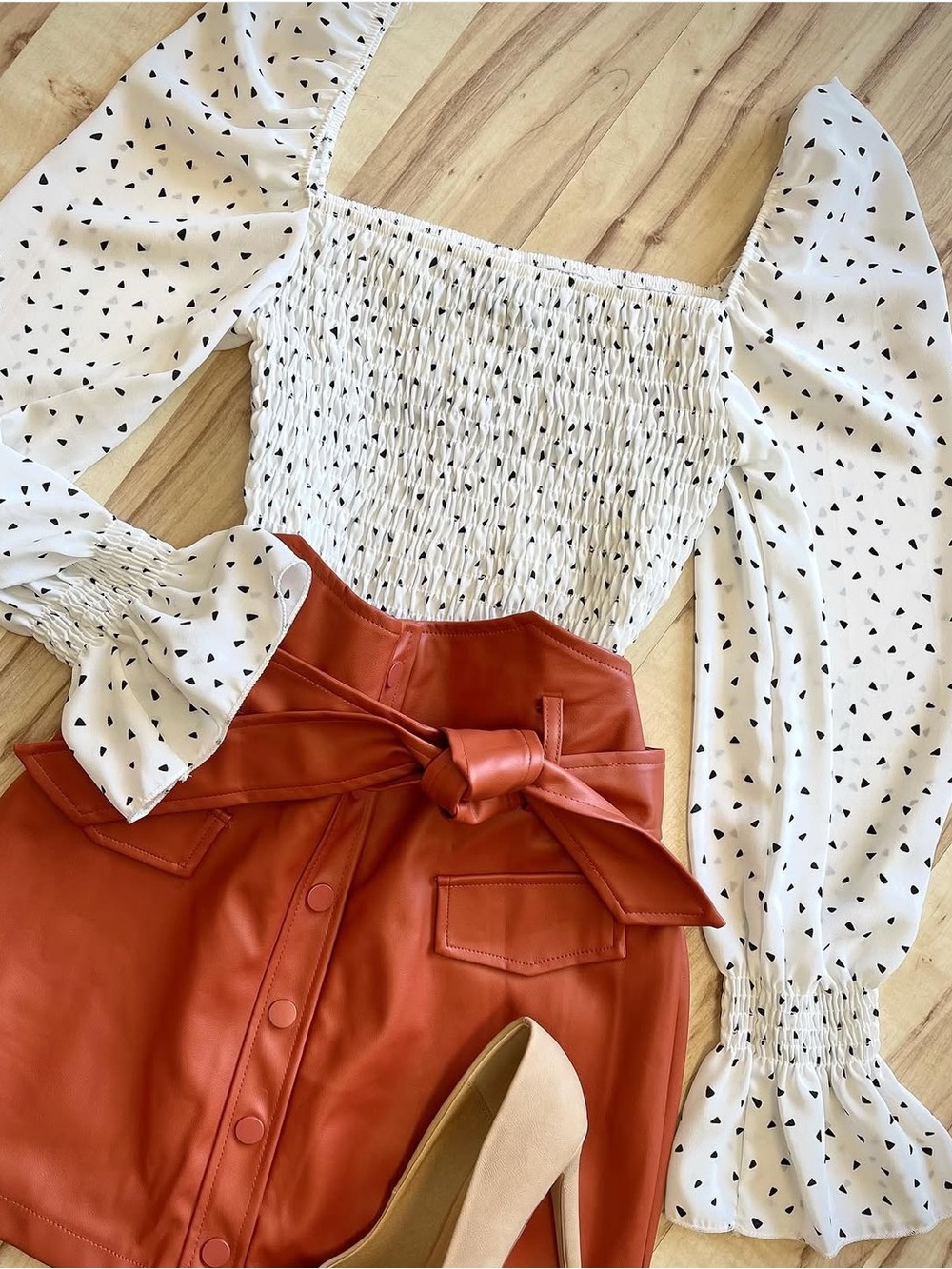 Women’s White Smocked Puff-Sleeve Top with Black Dot Print